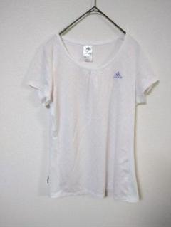 美品　アディダス　Tシャツ　レディースL　ピンク水玉模様　紫刺繍ロゴ　白色