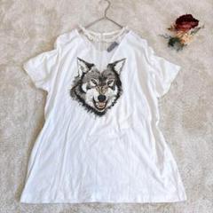 個性的❣️半袖Tシャツ カットソー オオカミプリント レース装飾 ホワイト M