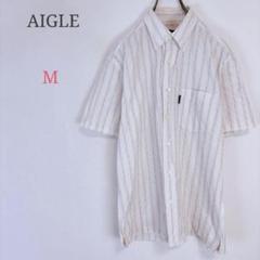 ＊エーグル【M】メンズシャツ ストライプ ロゴ入り 綿100% カジュアル