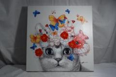 中古品 現状 インテリア絵画　フラワーキャット 絵画 猫 蝶々 花 かわいいのサムネイル