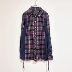 トレピニ　チェックシャツ　M〜L グレー　パープル　長袖　薄手　リボン　春　秋