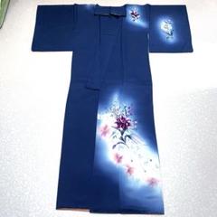 【モダンな花と羽根】付下げ　袷着物　ネイビー　正絹