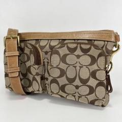 【良品】COACH キャンバスレザー シグネチャー ブラウン ショルダーバッグ