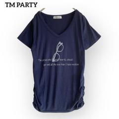サイドギャザー Tシャツ【M】チュニックVネック ロゴ メガネ メッセージ