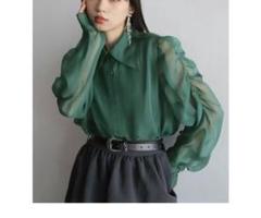【新品】 HARE ソデギャザーシアーシャツ グリーン ハレ ブラウス シアー