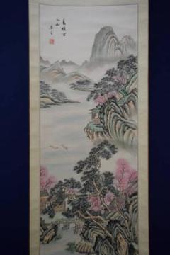 模写/唐寅/桃花山水釣人図/布袋屋掛軸HG-305 模写/唐寅/桃花山水釣人図/布袋屋掛軸HG-305 - メルカリ