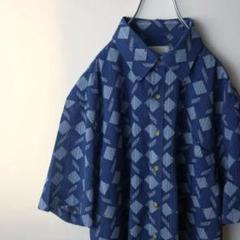 90s 総柄シャツ 半袖 ネイビー テロテロ 古着