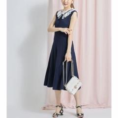 【新品】トッコクローゼット りぼん付レース襟タック×透かし編みニットワンピース紺