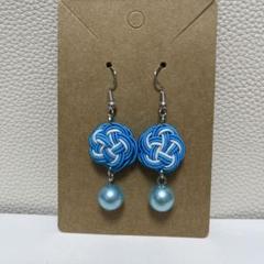 ハンドメイド【水引】ピアス 梅結び 青色