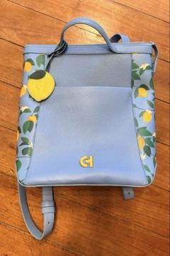 超美品　コールハーン　COL HAAN 青色レモン柄レザーバックパック 超美品 コールハーン COL HAAN 青色レモン柄レザーバックパック