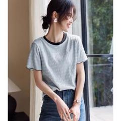 シンプル フラワーパターンフリル 半袖 Tシャツ 配色 着痩せ 切り替