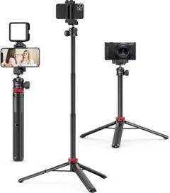 三脚/自撮り棒 - 147cm、6段伸縮、スマホクリップ付き