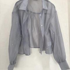 新品未使用★パール　シアーシャツ　くすみブルーグレー　ブラウス　M