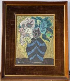 真作】絵画 油彩6号 花と花器 ユニークな色彩と造形の静物画 W50