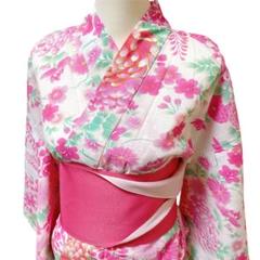 【新品未使用】華やかな花柄が可愛い白地の浴衣とピンクのリバーシブル帯のセット F