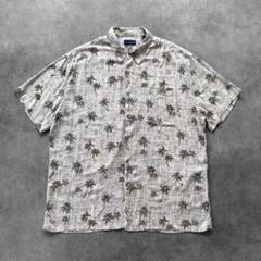vintage リネン アロハシャツ 2XL グレー ヤシの木 ボタニカル柄