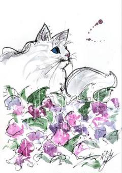 ✻【原画】紫陽花と仔猫 6月の宝石 no.170 | 水彩画 アート 絵