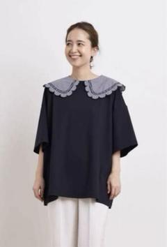 Yori　ギンガムスカラップカラーTシャツ　カットソー　 美品 美品】yori ギンガム スカラップ 半袖カットソー ネイビー