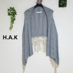 H.A.K 　ニットジレ　フリンジ　グレー×ベージュ 美品　重ね着　ベスト
