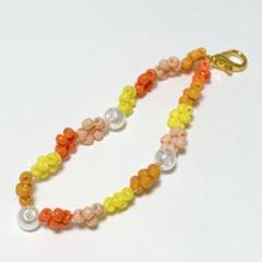 ハンドメイド ビーズストラップ オレンジ系 キーチャーム