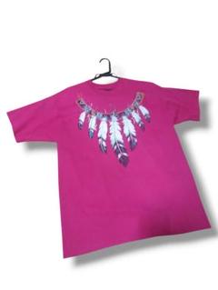 (訳)レディース Tシャツ ピンクの羽根プリント タグ欠 XL相当
