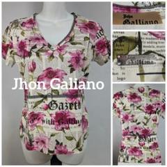 ジョン・ガリアーノ 美品 花柄 新聞プリント VネックTシャツ ジョン・ガリアーノ 美品 花柄 新聞プリント VネックTシャツ