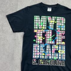 マートルビーチ　チェック　カラフル　ペイント　Tシャツ　古着　ブラック　S