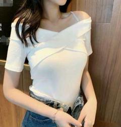 レディース 半袖 トップス 胸元 スリムTシャツ 春夏 無地