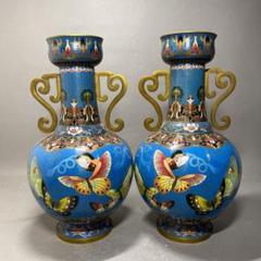 中国古美術古玩七宝焼古七宝花瓶花器金縁双耳一対サイズ 31㎝
