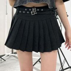 WEGO ダブルベルト ストライププリーツミニスカート ブラック