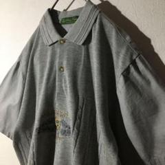 【個性派古着】リブ付き　半袖　襟付きトップス　メンズM　透け感　麻入り　グレー