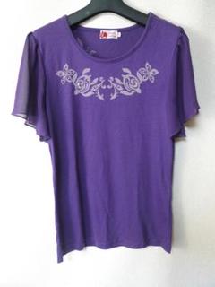 フラTシャツラインストーン　ハワイアンTシャツ　フラダンスシフォン袖パープルM