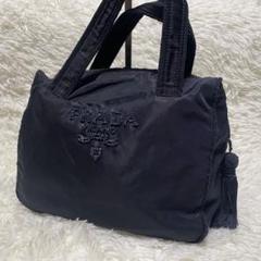 美品◇PRADAプラダ ビーズ ロゴ刺繍 ナイロン トート バッグ黒
