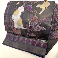 【着】19769o 袋帯　オリジナル　太鼓柄　草花にネコと蝶　ネコ好き　猫　着物 着】19769o 袋帯 オリジナル 太鼓柄 草花にネコと蝶 ネコ好き 猫
