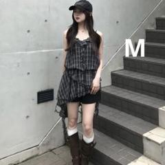 ブラックチェックフリルアシメミニワンピースMチュニックemmy