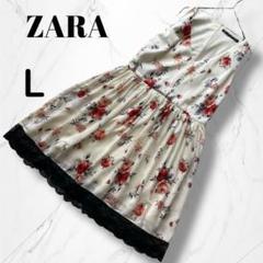 【ZARA】ザラ　Vネック花柄レースノースリーブミニワンピース L白黒パーティー