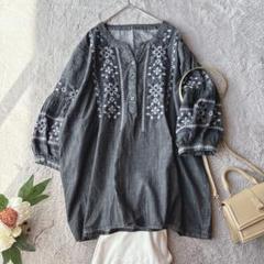 美品(XL)長袖シャツ/ブラウス/コットン100%/綿/刺繍/オーバーサイズ