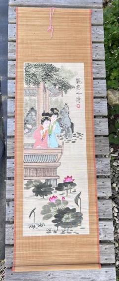 中国美術　掛け軸　すだれ　白い鶴と竹の掛軸 中国美術 掛け軸 すだれ 白い鶴と竹の掛軸