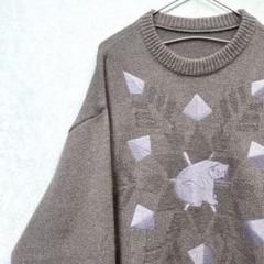デザインニット　ヴィンテージ　レトロ　刺繍　白熊　雪の結晶　くすみカラー　モヘア