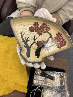 【特別セール品】 希少】清水六兵衛作／扇型銘々皿（桜と紅葉柄）昭和期 京焼 箱 食器