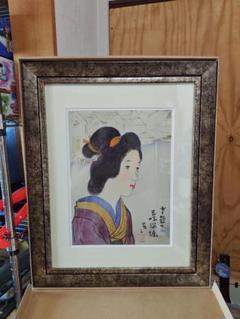 竹久夢二、【北しぐれ】、希少な大判額装用画集より、美品、新品額装付 teatimegift_yumeji007