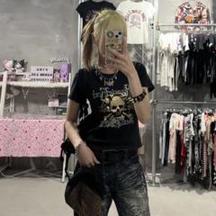髑髏 キラキラ ピチT y2k グランジ 半袖 Tシャツ ラメ ドクロ