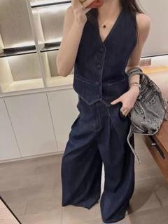 デニムスーツセット♡ノースリーブベスト＆ワイドパンツ春夏コーデ