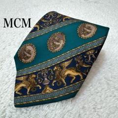 MCM シルクネクタイ グリーン ライオン×メダル柄 9.5×137cm