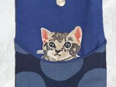 【ハンドメイド】スマホショルダー サコッシュ ポーチ 猫 水玉 ブルー