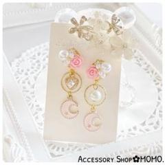ビジュー♡ピンクローズ♡お月様♡ジルコニア♡ハンドメイドピアスorイヤリング♡