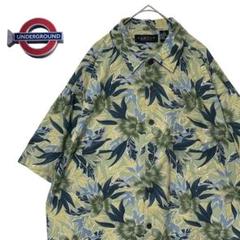 半袖 柄シャツ　グリーン　花柄　ボタニカル柄　アロハ　大きいサイズ　綿、レーヨン