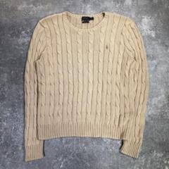 ▼ポロラルフローレン　ケーブル編みニット【XL】ポニーロゴ 　薄手コットン