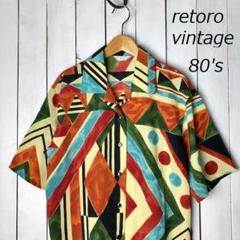 レトロ 80s 日本製 水彩画タッチ 幾何学模様 開襟ブラウス シャツ M～L