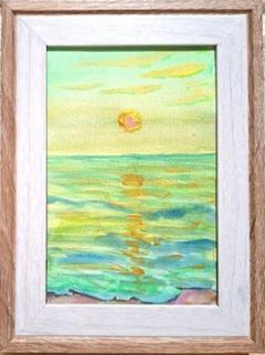 ライム色の海　 水彩画 ハガキサイズフレーム入り　原画　風景画　ハンドメイド絵画